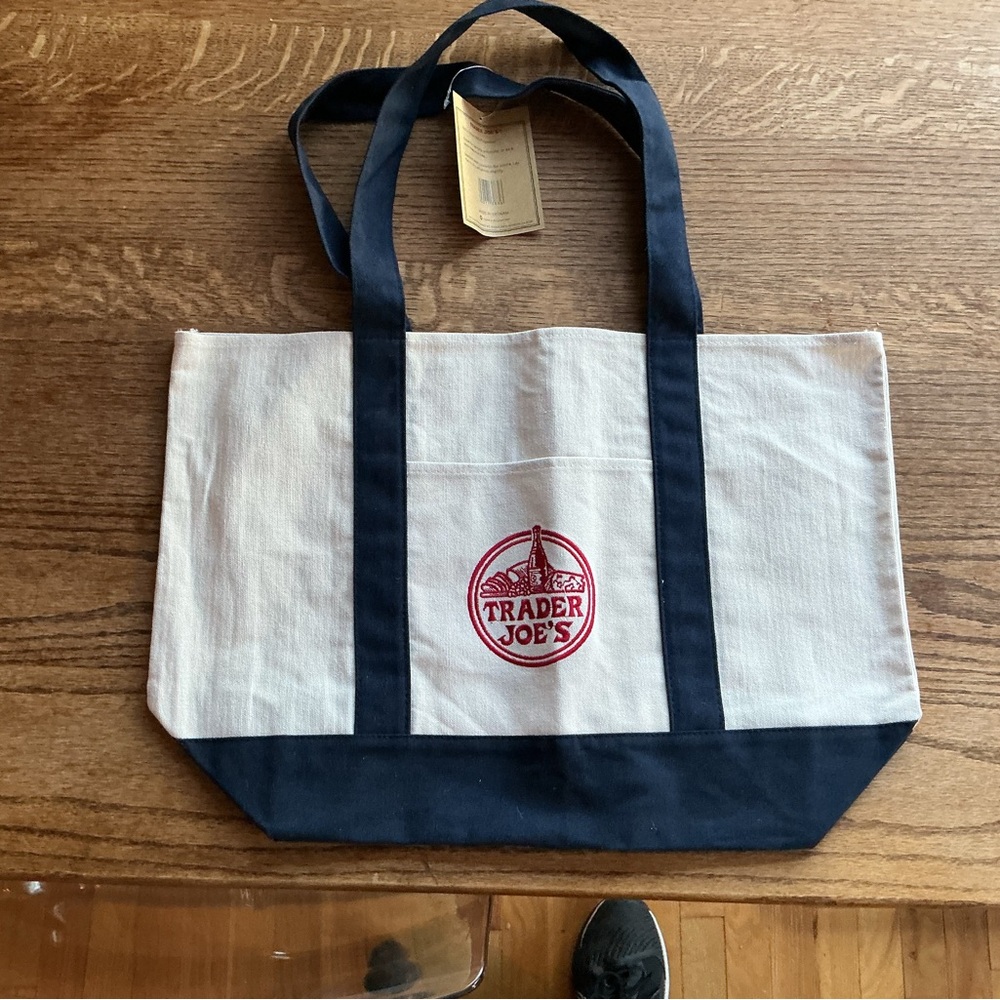 Trader Joe's Cream & Navy Canvas Tote Bag